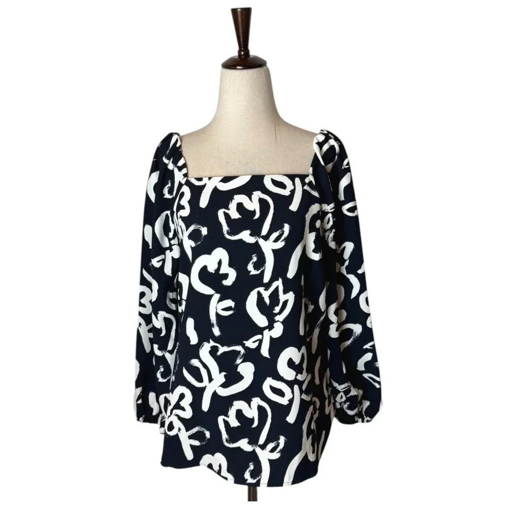 J Crew 365 Shirt Women 4‎ Navy Blue Square Neck Floral Print Blouse Preppy Retro